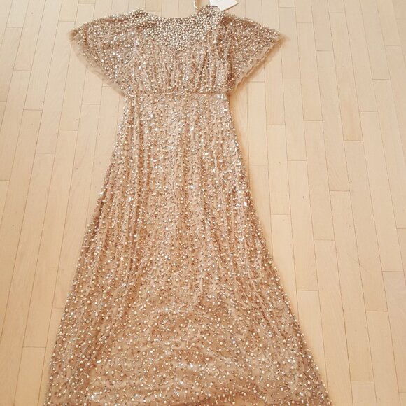 Mac Duggal ! Pearl Sequin Beaded Mesh Boat Neck Short Flutter Sleeve Shawl Gown - Picture 3 of 9